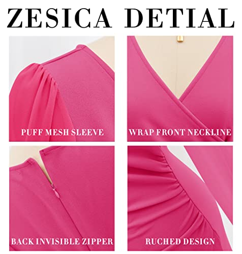 Zesica Women's Wrap V Neck Bodycon Mini Dress Puff Long Sleeve Ruched Asymmetrical Hem Cocktail Party Short Dresses,Rose,Small #TOP2