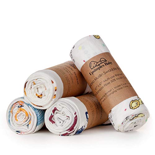 Upsimples Baby Swaddle Blanket Unisex Swaddle Wrap Soft Silky Bamboo Muslin Swaddle Blankets Neutral Receiving Blanket For Boys And Girls, Large 47 X 47 Inches, Set Of 4-Sika Deer/Elephant/Lion/Fox #TOP4