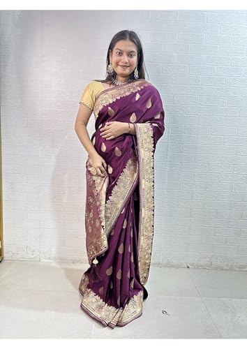Image of Women's Banarasi Silk Georgette Saree Featuring Silver Sequin And Mirror Work