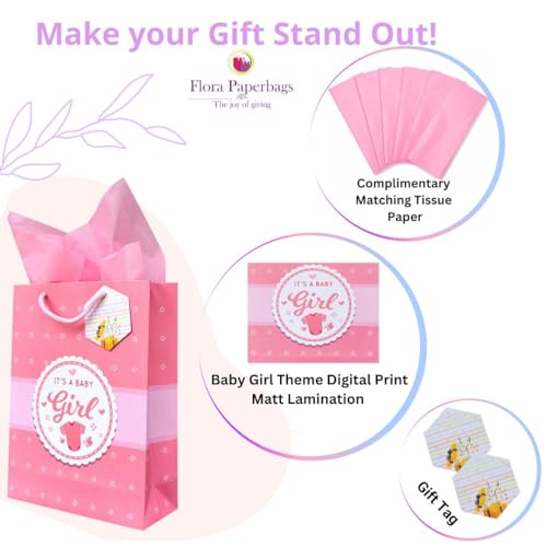 Image of Flora Paperbags -Pack of 10 | Pink Baby Shower Design Paper Gift Bags for Return Gifts | Medium Size-23x30x9cm | Glossy Lamination | paper bags for Birthday | Holiday Presents