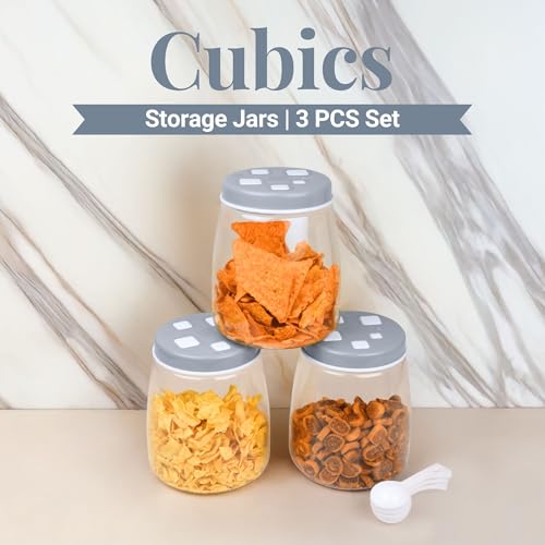 Image of FLAIR Cubics Airtight Food Storage Containers Set of 3 (1500ml each) with Spoons - Blue, BPA-Free, PET Plastic Jars, Durable, Space-Saving for Pantry, Snacks, Spices, Grains & More