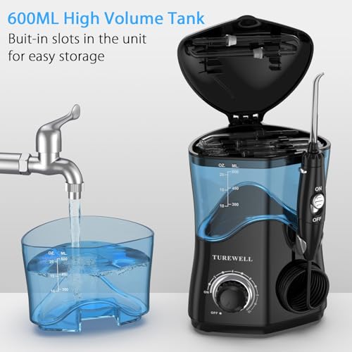 Image of TUREWELL Water Dental Flosser for Teeth /Braces, Water Teeth Cleaner 8 Jet Tips and 10 Pressure Levels, 600ML Large Water Tank Oral Irrigator for Family(Black)