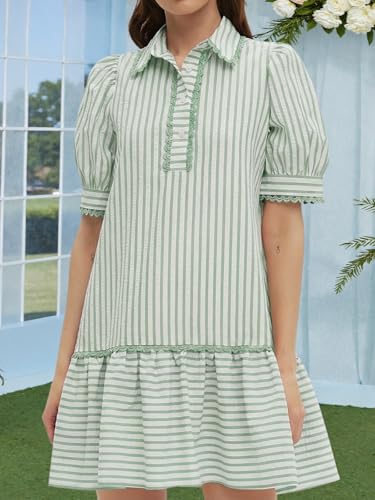Image of EZAPINE Women Striped Shirt Dress Summer Button Down Collared Short Puff Sleeve Ruffle Hem Casual Flowy Mini Dress