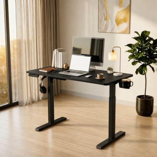 Image of Height Adjustable Table for Office Work | Electric Sit Stand Study Desk 80 Kg Load | Standing Work Table with 3 Memory Preset | Cup Holder Cable Management & Hook |120*60 Cm Thick Top - Black