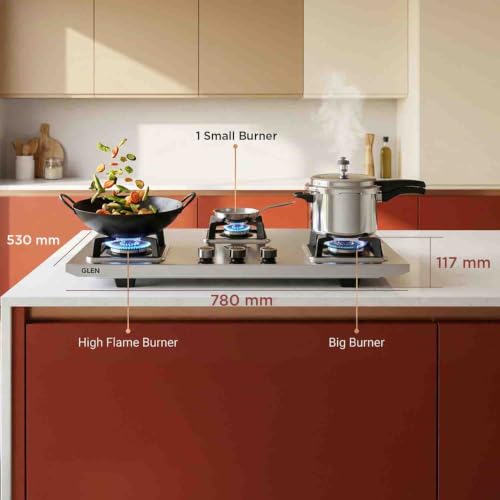 Image of Glen 3 Burner Stainless Steel LPG Gas Stove | Ultra Tuff Body | 10 Year Warranty on Burners & Gas Valve | 1 Jumbo Forged Brass Burner | Manual Ignition | 360 Revolving Inlet Nozzle | 1053UTTNDTSS
