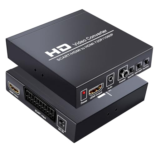 GRACETOP SCART to HDMI Conver, 1080P Scart Converter Video Audio Box, HD Video Converter with PAL/NTSC Video Scaler, 1080P/720P, 3.5mm Coaxial Audio Out for TV and DVD Player