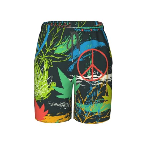 Boys Swim Trunks Hippie Peace Symbol-Cannabis Abstract Kids Swim Shorts Quick Dry Beach Board Pocket