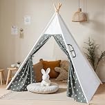 Wilwolfer Teepee Tent for Kids Foldable Children Play Tent for Girl and Boy with Carry Case 4 Poles White Canvas Playhouse Toy for Indoor and Outdoor Games (Grey Teepee Tent)