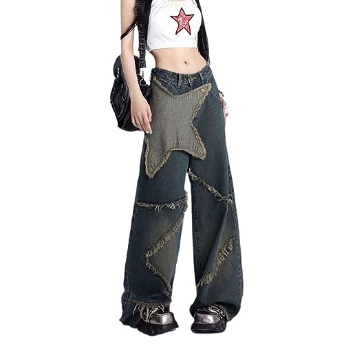 Low Rise Baggy Jeans for Women Goth Emo Pants Y2K Dark Retro Straight Wide Leg Pants with Star Loose Fit Streetwear2