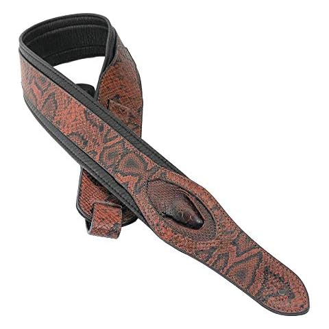 Walker & Williams SF-01 Copperhead Brown Textured Snakeskin Pattern Padded Guitar Strap with Snakehead For Acoustic, Electric, And Bass Guitars Cover