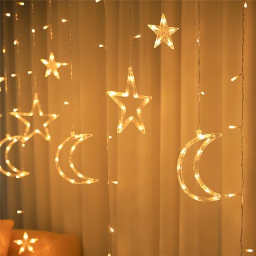 Jsdoin Ramadan LED String Lights - 3.5m Star Moon LED Curtain Lights with 8 Flashing Modes Decoration for Christmas, Wedding, Party, Home, Terrace, Ramadan,Lawn,USB/Battery Powered (Warm White) - Image 6