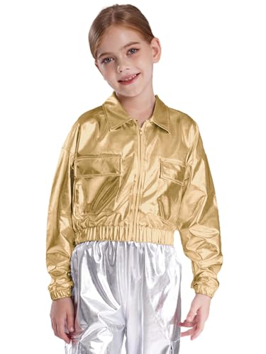 Aislor Kids Girls Boys Shiny Metallic 70s Disco Party Jacket Zip-up Long Sleeve Jazz Hip Hop Street Dance Coat Outwear