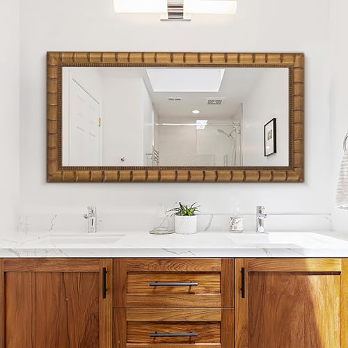 Image of Large Wall Decorative Mirror, 48'' x 24'' Antique Gold Mirror with Bamboo-Joint Design, Rectangular Warm Gold Mirrors for Bathroom, Entryway, Dining Room, Fireplace,Horizontal /Vertical