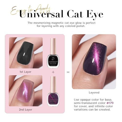 Image of AZUREBEAUTY Cat Eye Nail Polish Set Quick Dry Mooncat Glitter Holographic Purple Black Red 4 Colors Natural Fingernail with Top Coat DIY Salon Home no Gel