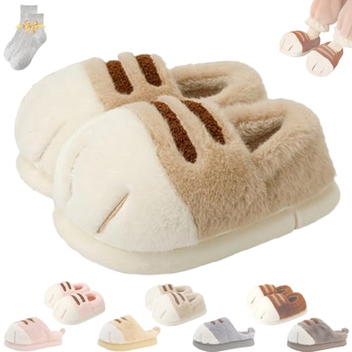 Cat Paw Slippers for Women,Cat Feet Slippers,Cat Foot Slippers,Indoor Outdoor Cute Funny Warm Cozy Fuzzy Winter House Shoes (Khaki,42-43)