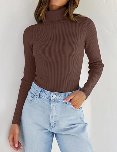 Image of ZESICA Women's Turtleneck Long Sleeve Shirts 2026 Spring Trendy Tops Slim Fitted Ribbed Knit Basic Casual Sweater