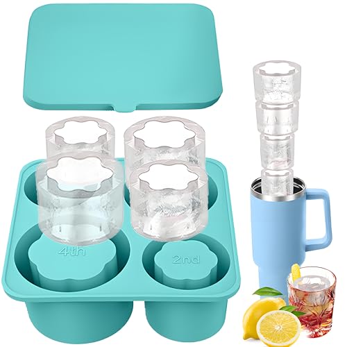 CUESVAP Stanley Cup Ice Mold 4 Hollow Flowers Mould Stanley Cup Accessories Reusable Ice Cubes with Lid for 20 30 40 oz Cups Silicone Ice Cube Tray BPA Free (Blue)