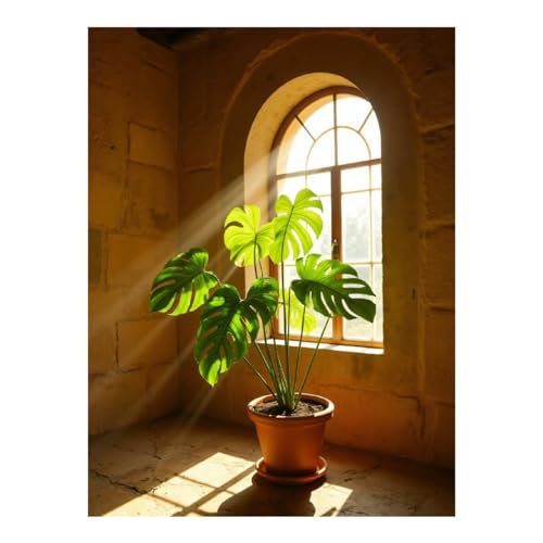 TZTTZT Kits de arte de diamantes para adultos – Monstera iluminada por ventana arqueada, kits de pintura de diamantes para adultos principiantes, kit de pintura de diamantes sin marco de 12 x 16