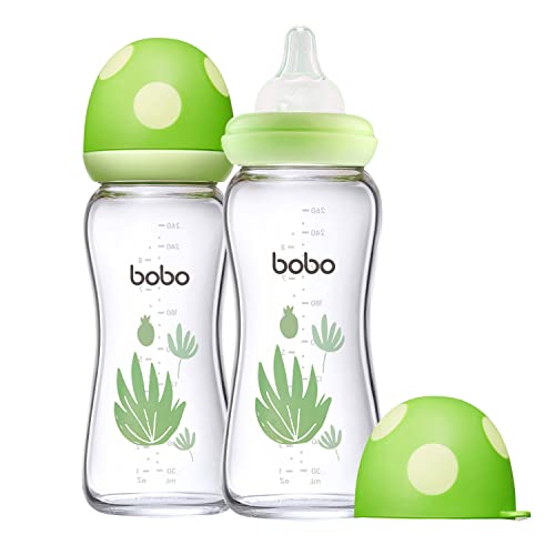 Image of YOHKOH Natural Glass Baby Bottle with Level 2 Medium Flow Nipple, Newborn Anti-Colic Baby Bottles, Wide Neck Mushroom Baby Glass Bottle (Green, (8.8oz (Pack of 2))
