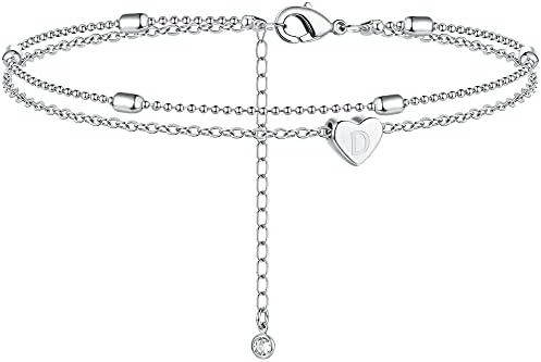 Moodear Silver D Initial Anklet Layered Dainty White Gold Tiny Heart Charm Handmade Carved Alphabet A-Z Letter Ankle Bracelet Beaded Foot Personalized Name Anklets Summer Cute Boho Beach Gift Women
