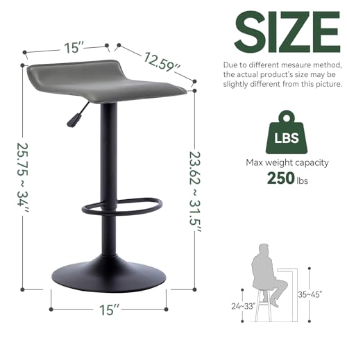 Image of Vogue Furniture Direct Adjustable Bar Stools Set of 2, Modern Swivel PU Leather Airlift Barstools, Backless Kitchen Counter Height Bar Chair for Dining Room (Grey, Black Base)