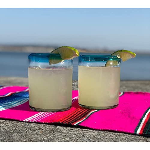 Set de 6 vasos de vidrio soplado mexicano con borde azul miniatura 3