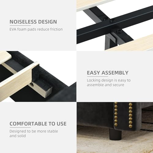 Image of BarnFurin Full Size Bed Frame with 50 inch Extra Tall Headboard, Black Chenille Upholstered Platform Bed, Vertical Channel Tufting & Nailhead Trim, No Box Spring Needed, Squeak-Free