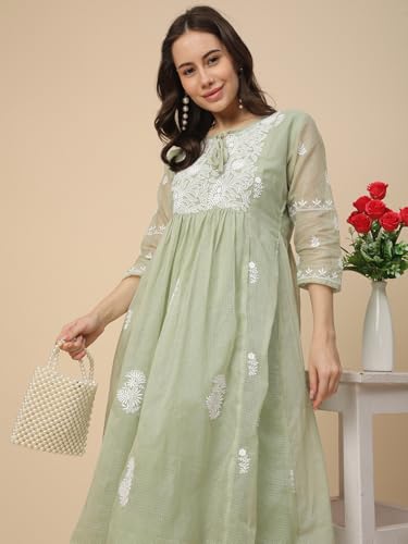 Image of RATAN Women's Muga Cotton Flared Lucknowi Chikankari Ethnic Wear Kurta
