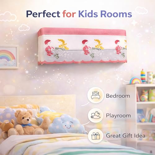 Image of Cotton Net Split AC Cover Indoor Unit for 1.5 Ton Capacity AC, Premium Work Indoor AC Dust Protection Cover Designer Summer Ac Cover for 1.5 Ton Ac (38 X 15.35 X 7.8 inch, Pink Kids)