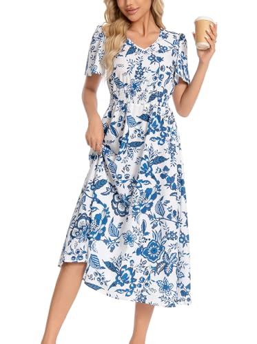 Image of Shineflow Women's Short Sleeve V-Neck 3 /4 Sleeve Button Up Chiffon Floral Pleated Midi Swing Dress with Belt