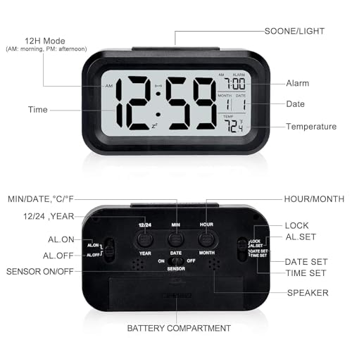 Image of Digital Alarm Clock with Auto Sensor LED Display with Date & Temperature Compact Bedside Table Clock for Bedroom, Students, Office & Home Decor (Black)
