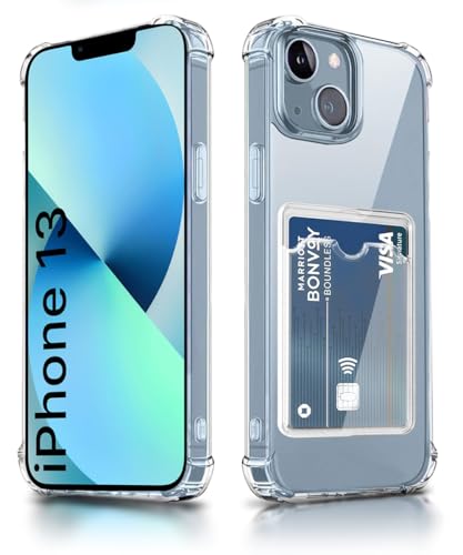 Image of WOW IMAGINE Transparent Back Cover Case for iPhone 13 | Flexible Built-in Slim Card Pockets Wallet | 360 Camera Protection TPU | Soft Silicone Mobile Cover - Transparent