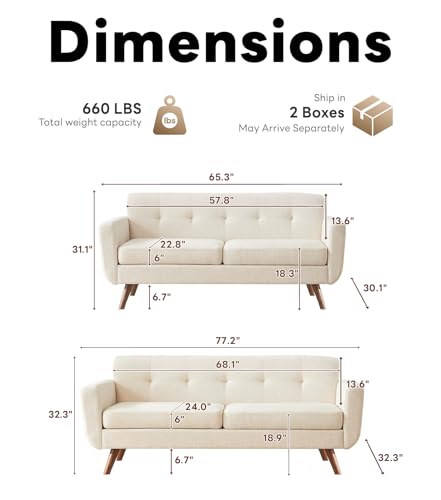 Tbfit Mid Century Modern Sofa Couch, Beige, Loveseat & Standard Sofa