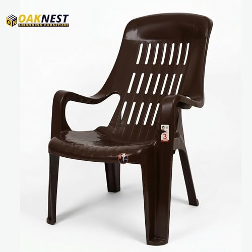 Image of Oaknest Unboxing Furniture Celloo Premium Plastic Relaxing Chair with Armrests | Ergonomic High-Back Lounge Seating for Home, Garden & Balcony (Brown), Count of 2