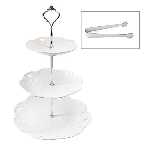 3 Tier Porcelain Cake Stand with Sugar Tongs - Party Food Server Display Set - Three Tier Dessert Stand - Perfect for Your Tea Party, Baby Shower and Dessert Table - White - Round