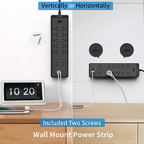 15 Ft Extension Cord Flat Plug Surge Protector Power Strip With Usb, Ntonpower 12 Outlets Surge Protector Wall Mount, 2100 Joules, 1875W, 15A Circuit Breaker For Home Office Dorm Essentials, Black #TOP3
