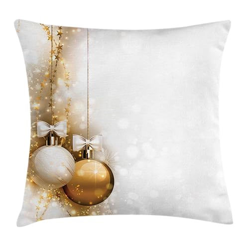 Ambesonne Christmas Throw Pillow Cushion Cover, Featured Xmas Baubles with Ribbon Holiday Wish Artwork Image Illustration, Decorative Square Accent Pillow Case, 18" X 18", White and Beige
