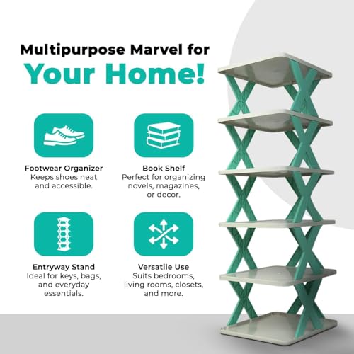 Image of QONETIC 4 Layer Plastic Shoe Rack for Home Stackable & Adjustable Shoe Organizer Shelf for Entryway, Bedroom & Corner Use Space-Saving Foldable Stand with Book & Shoe Storage Slots