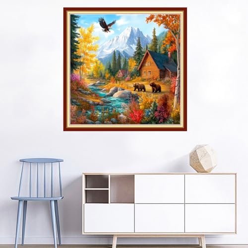Image of Joyhoor Cross Stitch Kits for Beginners Stamped Cross-Stitch Supplies Needlework preprint Embroidery Kits for Adults DIY Needlepoint Kits Embroidery Patterns 11CT-Brown Bear Landscape 18x18 inchs