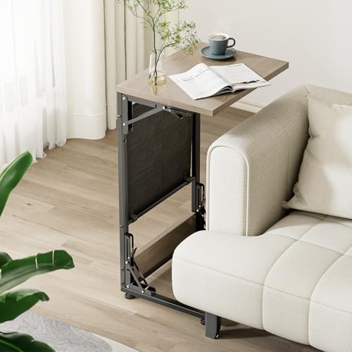 Image of Folding TV Tray Table, 28.8 inch Tall C-Shaped Side Table for Couch and Bed, Slide Under Sofa Side Desk with Storage Bag - Sturdy Metal Frame Tray for Living Room, Bedroom, Home & Office (Oak Gray)
