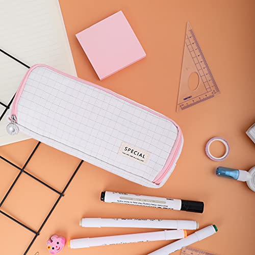 Image of iSuperb Large Pencil Case Big Capacity Pencil Pouch 3 Compartments Pen Bag Canvas Marker Pen Bag for Teen Boys Girls School Students (Plaid Pink)