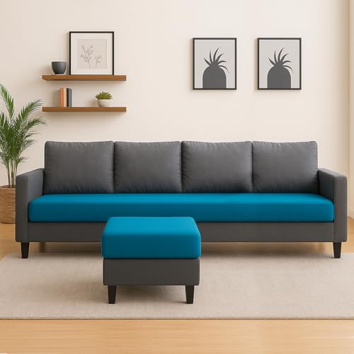 Image of FURNY Arnold 5 Seater L Shape Sofa Set with Movable Ottoman | Flexible Left or Right Layout | Plush Velvet Fabric (Dark Grey-Aqua Blue) | Perfect for Living Room, Guest Room & Office