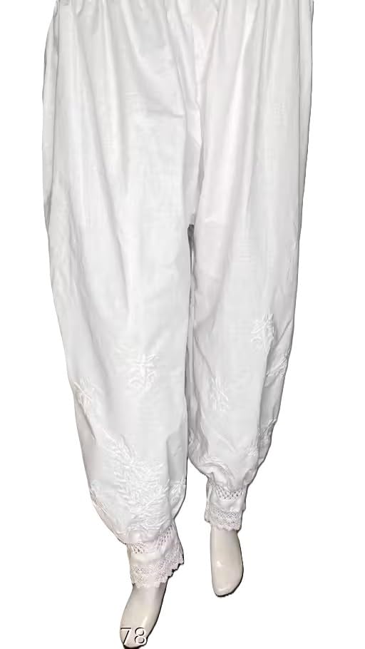 White Cotton Patiala Salwar with Chikankari Embroidery and Lace Hem, Elastic Waist,-picture-30