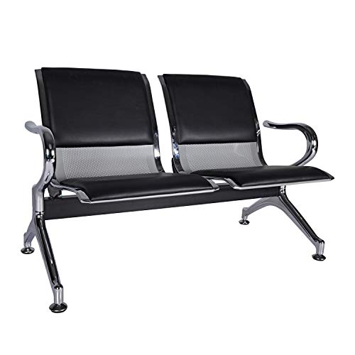kinbor Waiting Room Chairs - Durable PU Leather Reception Bench with Armrests, 2-Seat Office Reception Guest Chairs for Office, Hospital, Airport, Bank & Lobby, Black​
