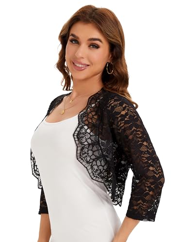 BENANCY Women's Elegant 3/4 Sleeve Sheer Floral Lace Shrug Cardigan2