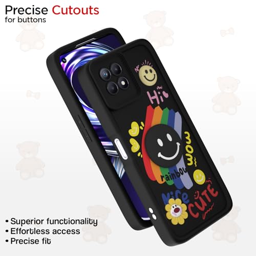 Image of Pikkme Back Cover for Realme Narzo 50 4G / Realme 8i 4G | Soft Silicone| Cute Rainbow Smile & 3D Cartoon Flower Design | Shockproof Raised Camera Protection Bumper Case (Black)