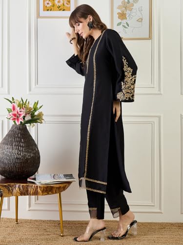 Image of INDO ERA Women's Silk Blend Floral Embroidered Straight Kurta & Pant Set (IESTR11531)