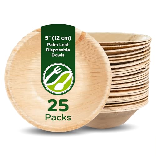 ECO Leaf 25 Disposable Palm Leaf Round Bowls, 5" (12cm), 250ml (8oz), Compostable, Eco-Friendly
