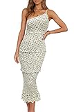 PRETTYGARDEN Women's Summer Midi Bodycon Dresses One Shoulder Strappy Tiered Ruffle Floral Boho Sun Dress (Beige Floral,Small)