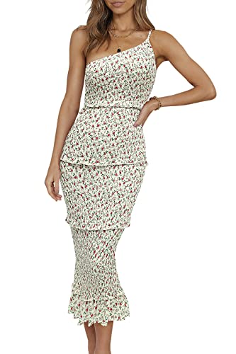 Image of PRETTYGARDEN Women's Summer Midi Bodycon Dresses One Shoulder Strappy Tiered Ruffle Floral Boho Sun Dress